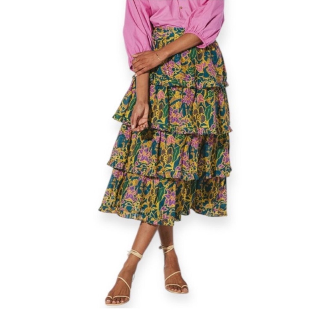 Cleobella Green Floral Tiered A-Line Skirt with Pink and Yellow Accents